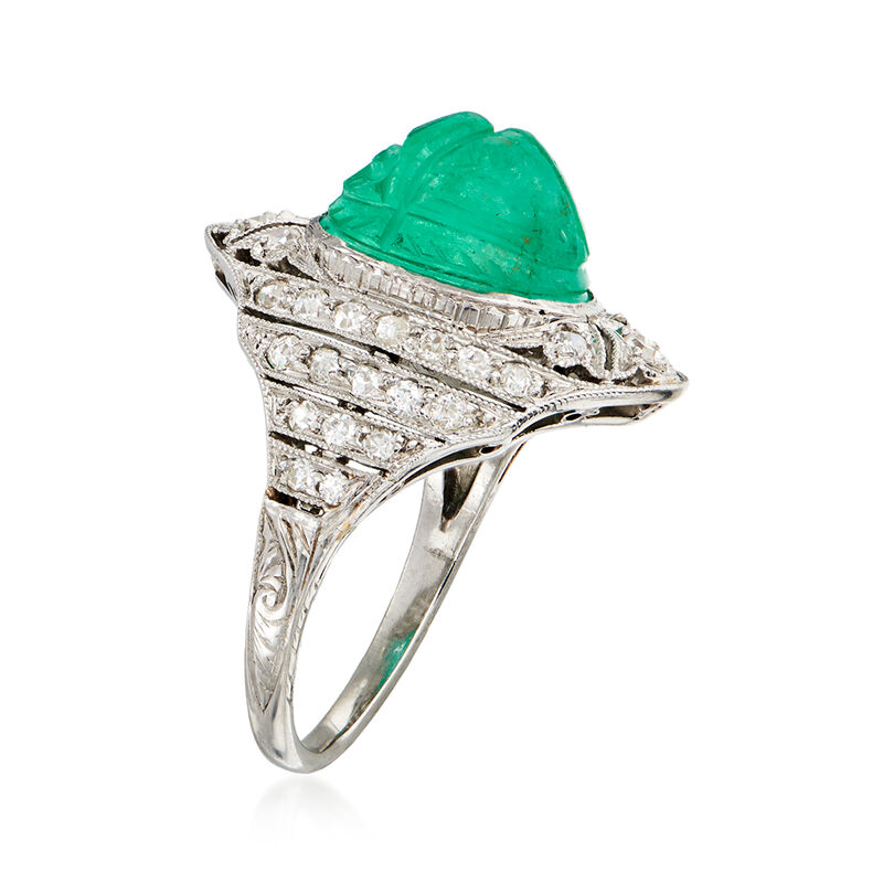 C. 1950 Vintage 4.75 Carat Emerald Scarab and .65 ct. t.w. Diamond Ring in Platinum. Size 5.5 image number 2