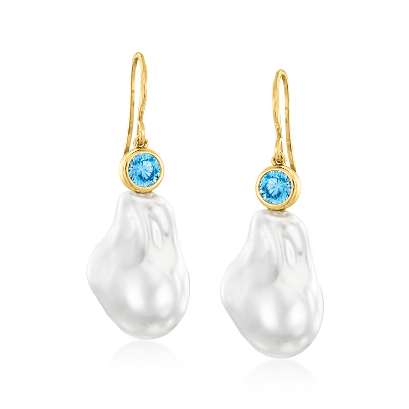 14kt Yellow Gold-Plated Drop Earrings with Simulated Blue Gemstones and Pearls  image number 0