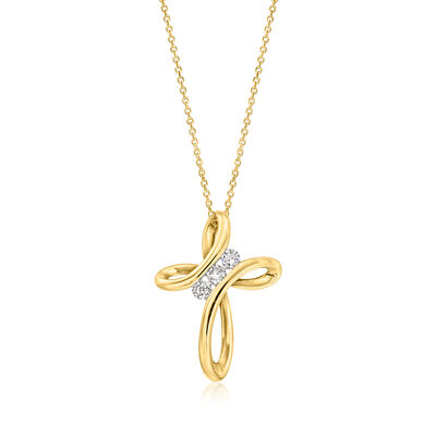 C. 1990 Vintage .25 ct. t.w. Diamond Twisted Cross Pendant Necklace in 14kt Yellow Gold