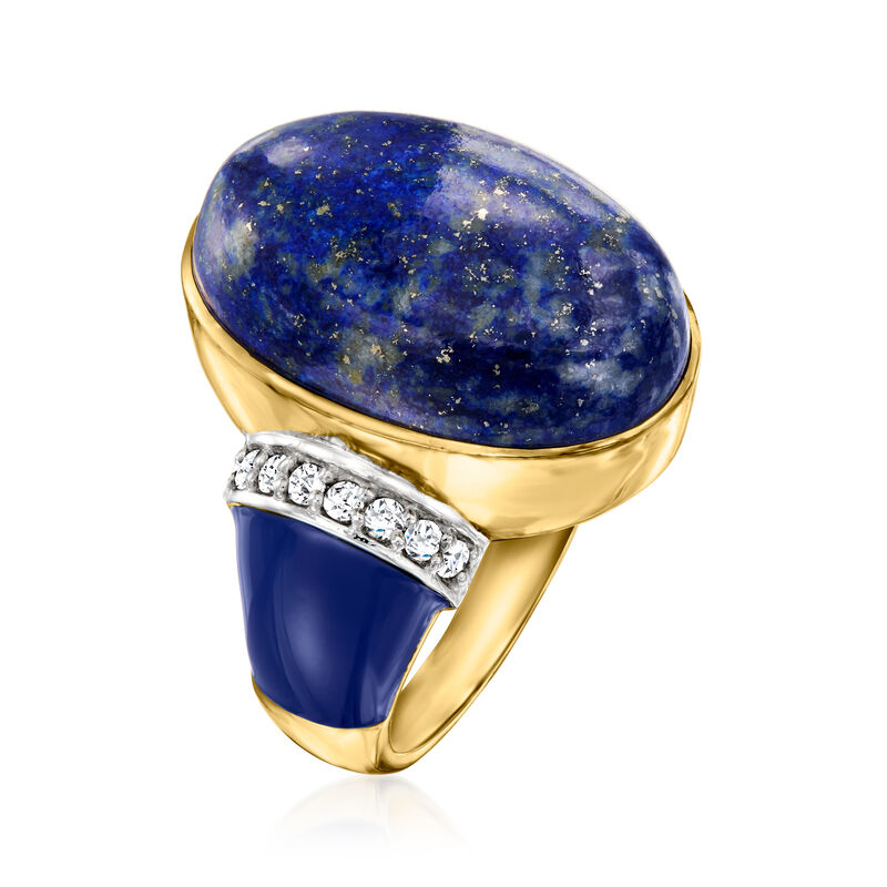 Lapis and .22 ct. t.w. Diamond Ring with Blue Enamel in 18kt Gold Over Sterling image number 2