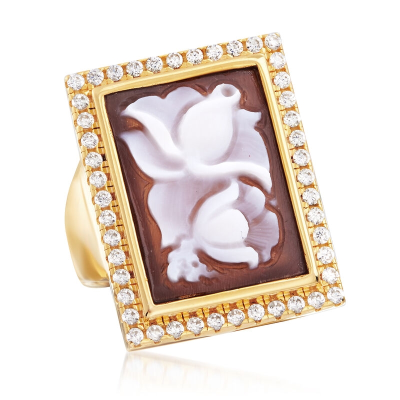 Italian Shell Flower Cameo and .70 ct. t.w. CZ Ring in 14kt Yellow Gold Over Sterling Silver image number 3