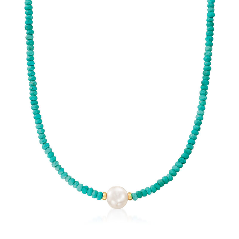 11.5-12.5mm Cultured Pearl and 4-5mm Turquoise Bead Necklace with 14kt Yellow Gold image number 0