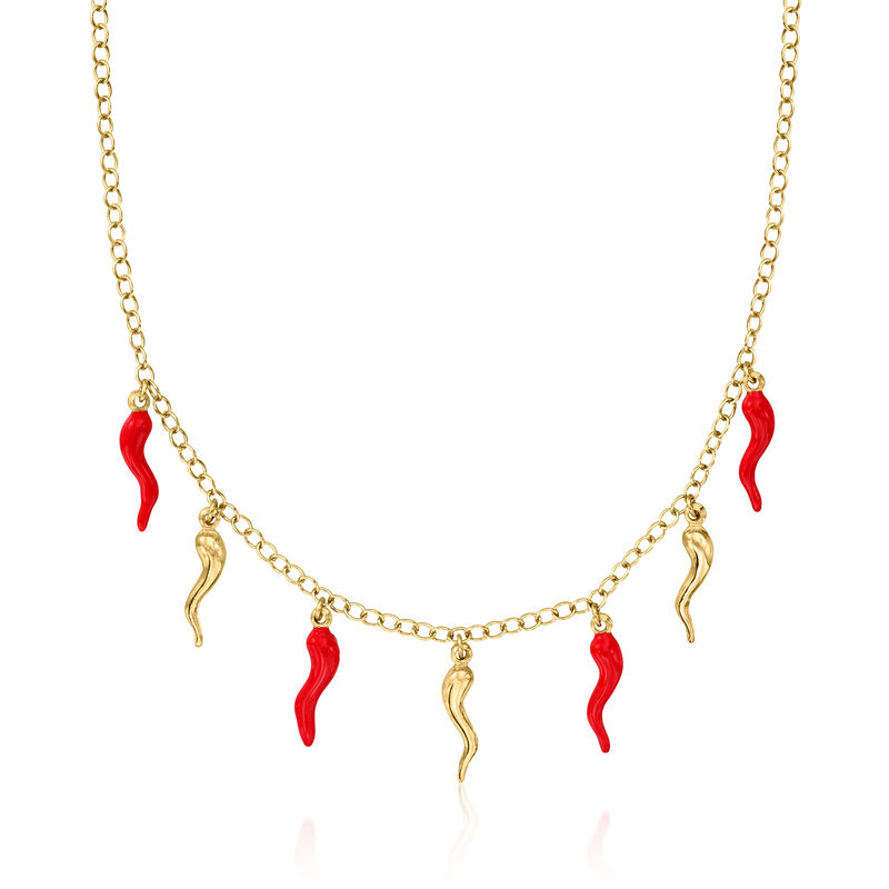 Red Enamel and 18kt Gold Over Sterling Italian Horn Charm Necklace image number 0