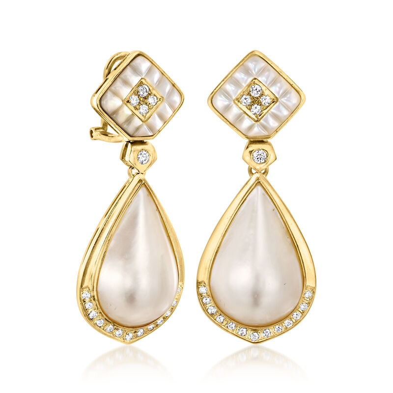 C. 1980 Vintage Mabe Pearl, Mother-of-Pearl and .75 ct. t.w. Diamond Drop Earrings in 18kt Yellow Gold image number 2