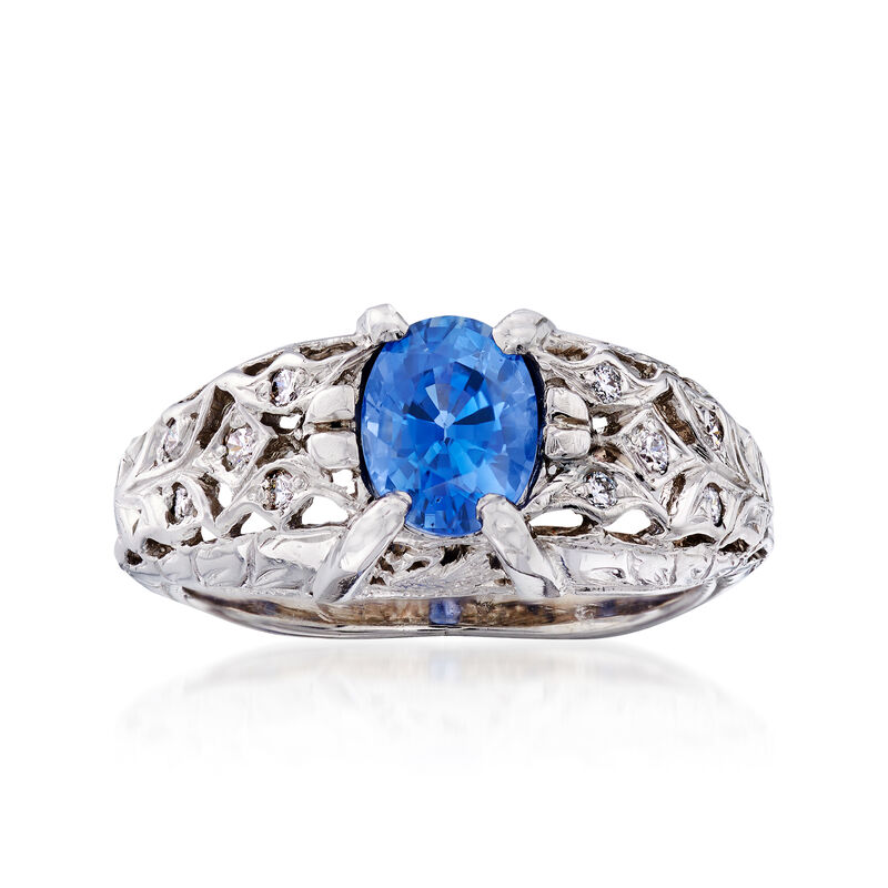 C. 1990 Vintage 1.20 Carat Sapphire and .12 ct. t.w. Diamond Ring in Platinum image number 0