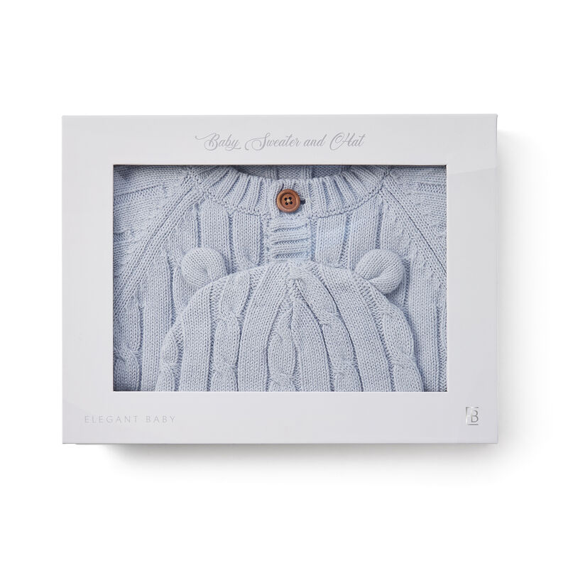 Elegant Baby Blue Cotton Cable Knit Sweater and Hat Set image number 1