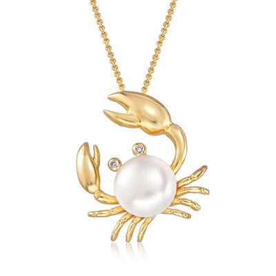 9mm Cultured Pearl Crab Pendant Necklace with Diamonds in 18kt Gold Over Sterling