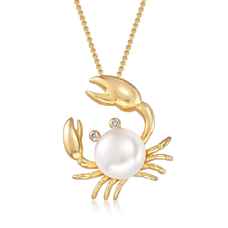 9mm Cultured Pearl Crab Pendant Necklace with Diamonds in 18kt Gold Over Sterling image number 0