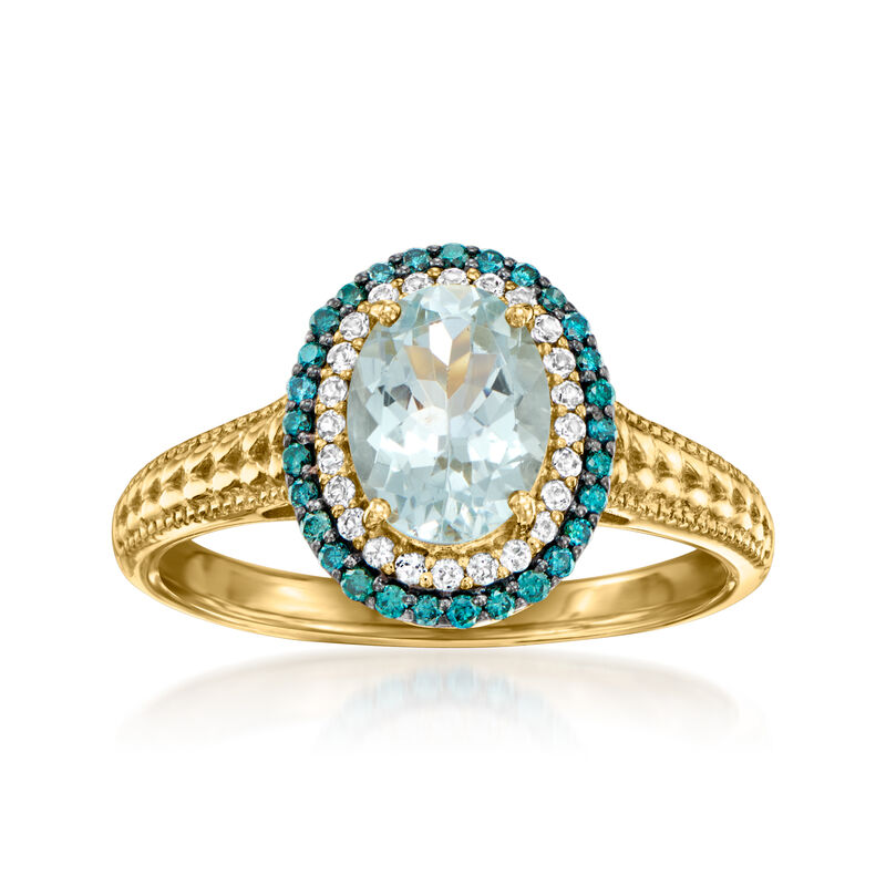 1.20 Carat Aquamarine and .14 ct. t.w. Blue Diamond Ring with .10 ct. t.w. White Topaz in 18kt Gold Over Sterling image number 0