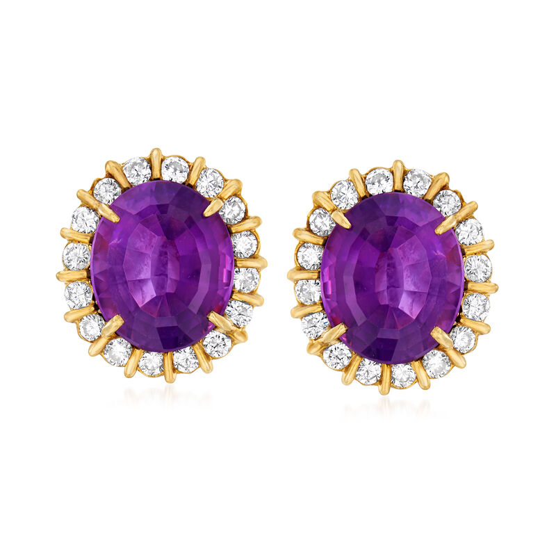 C. 1970 Vintage 9.80 ct. t.w. Amethyst and 1.10 ct. t.w. Diamond Frame Earrings in 14kt Yellow Gold image number 0