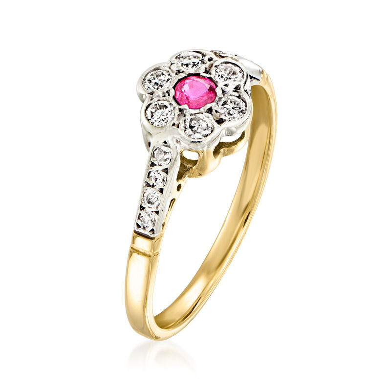 C. 1993 Vintage .10 Carat Ruby and .25 ct. t.w. Diamond Flower Ring with British Hallmark in 9kt Two-Tone Gold. Size 6 image number 2