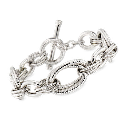 Italian Rhodium-Plated Oval-Link Toggle Bracelet