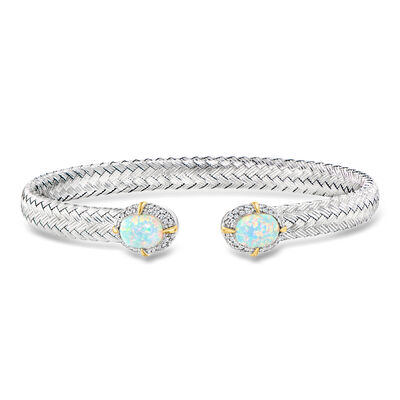 Charles Garnier "L'Opal" Lab-Grown Opal and .30 ct. t.w. CZ Cuff Bracelet in Sterling Silver with 18kt Gold Over Sterling