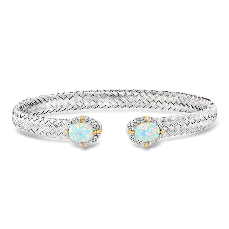 Charles Garnier "L'Opal" Lab-Grown Opal and .30 ct. t.w. CZ Cuff Bracelet in Sterling Silver with 18kt Gold Over Sterling. 7.5" image number 0