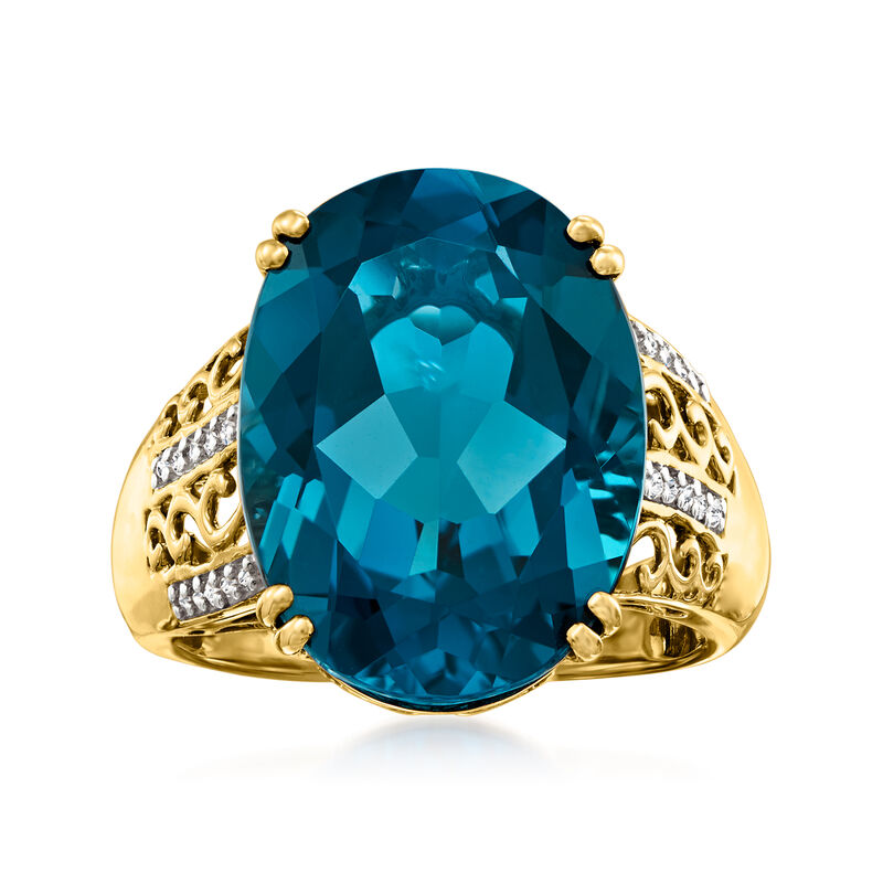 15.00 Carat London Blue Topaz Ring with .10 ct. t.w. Diamonds in 14kt Yellow Gold. Size 8 image number 0