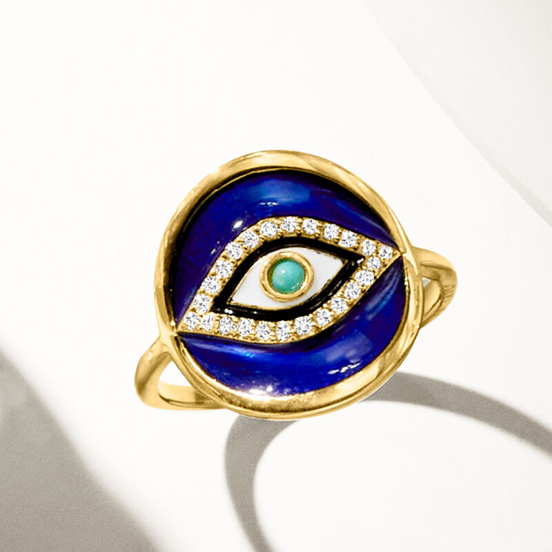 .10 ct. t.w. White Topaz and Multicolored Enamel Evil Eye Ring with Turquoise in 18kt Gold Over Sterling image number 5