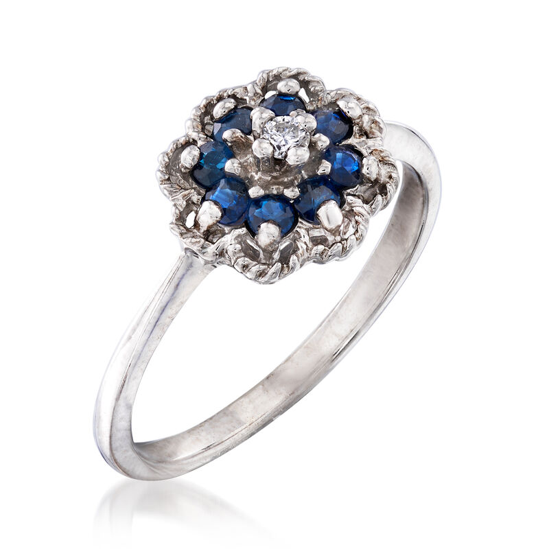 C. 1970 Vintage .24 ct. t.w. Sapphire Flower Ring with Diamond Accent in 10kt White Gold. Size 6 image number 2