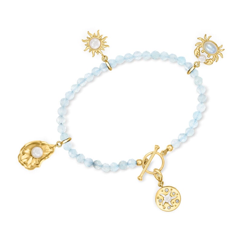 16.00 ct. t.w. Aquamarine Bead Charm-Compatible Toggle Bracelet in 18kt Gold Over Sterling image number 3
