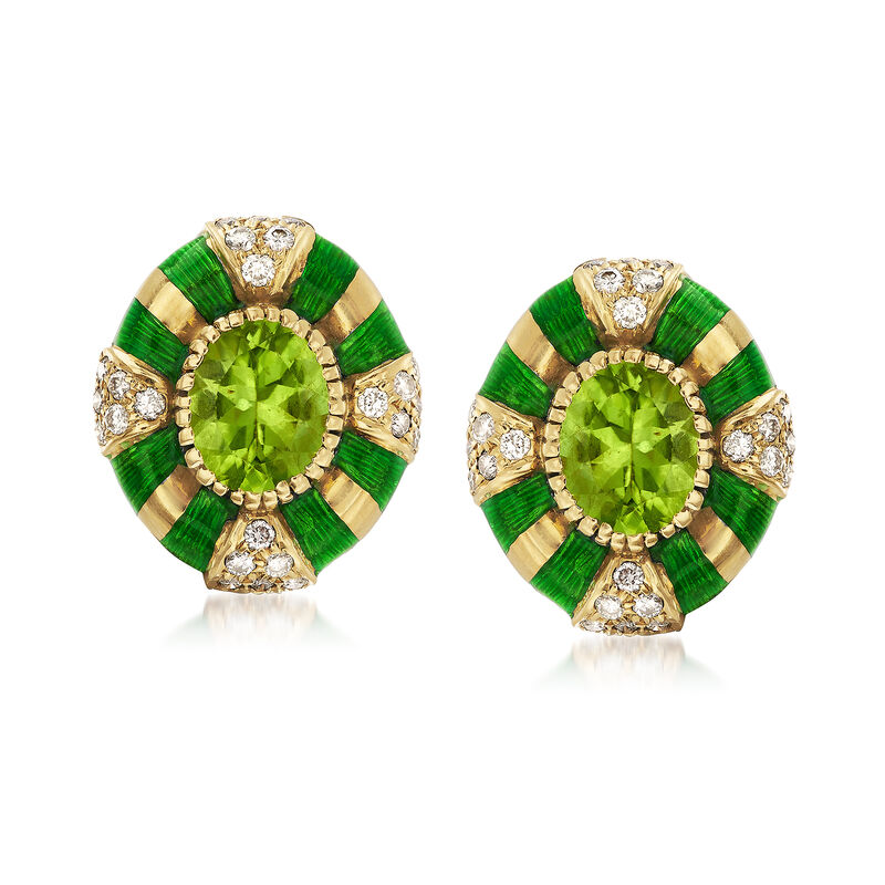 C. 1980 Vintage 5.00 ct. t.w. Peridot and 1.00 ct. t.w. Diamond Earrings in 14kt Yellow Gold image number 0