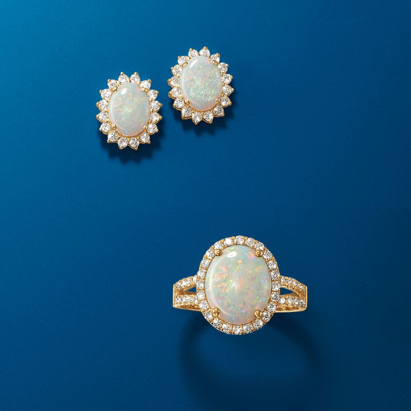 Oval Cabochon Opal and .73 ct. t.w. Diamond Ring in 14kt Yellow Gold image number 3