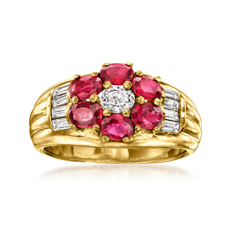 C. 1990 Vintage 1.50 ct. t.w. Ruby and .70 ct. t.w. Diamond Flower Ring in 18kt Yellow Gold. Size 6.5 image number 0