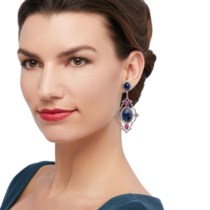 40.80 ct. t.w. Opaque Pink and Blue Sapphire Drop Earrings with 2.95 ct. t.w. Diamonds in Sterling image number 1