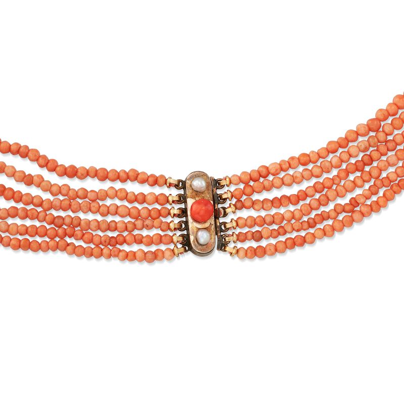 C. 1960 Vintage 3mm Coral Bead Multi-Strand Necklace with Goldtone image number 2