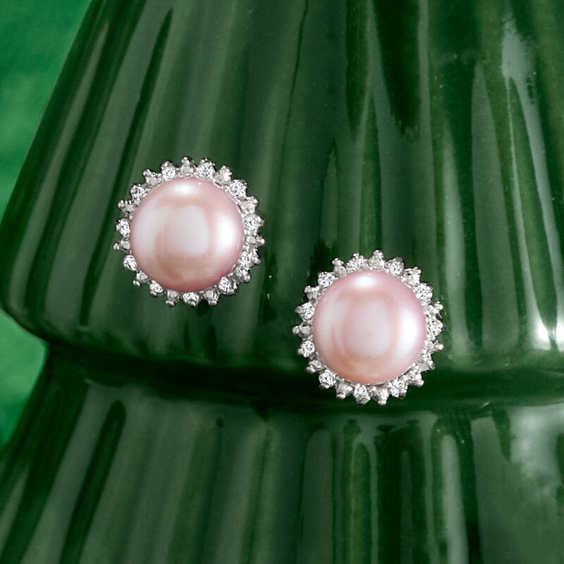 7-7.5mm Pink Cultured Pearl and .13 ct. t.w. Diamond Earrings in Sterling Silver image number 2