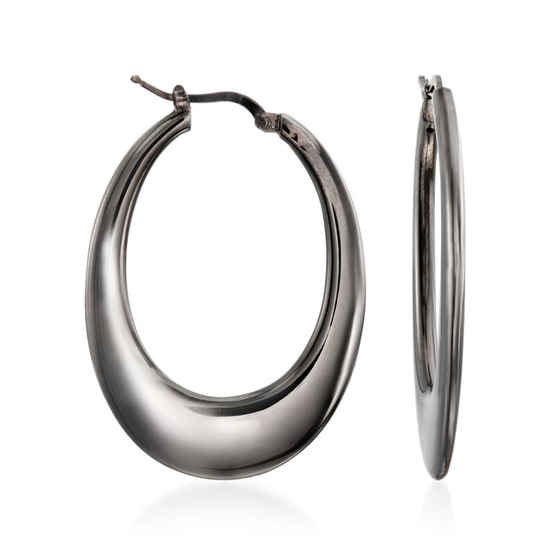 Italian Gunmetal Sterling Silver Elongated Hoop Earrings image number 0