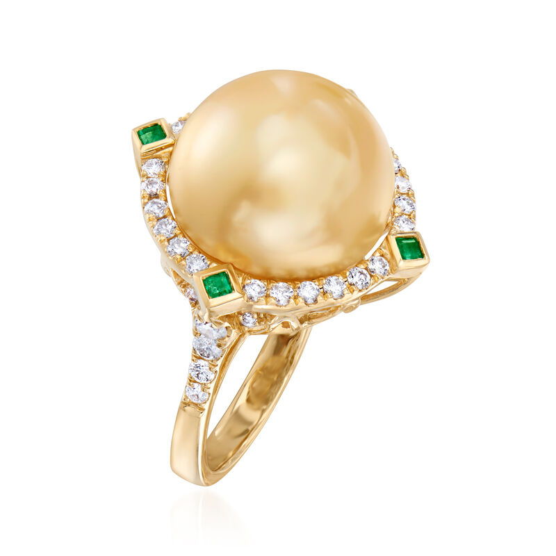 14-15mm Golden Cultured South Sea Pearl and .61 ct. t.w. Diamond Ring with .10 ct. t.w. Emeralds in 18kt Yellow Gold image number 2