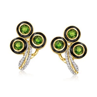 1.80 ct. t.w. Chrome Diopside Earrings with .20 ct. t.w. White Zircon and Black Enamel in 18kt Gold Over Sterling