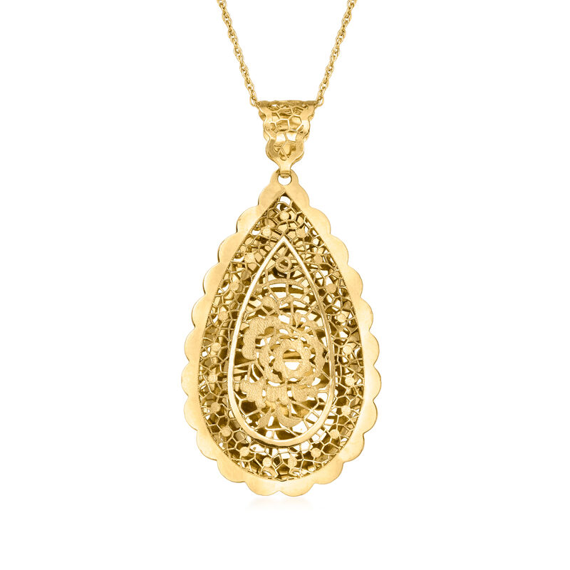 Italian 14kt Yellow Gold Satin and Polished Floral Lace Teardrop Pendant  image number 1