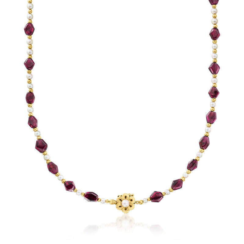 C. 1990 Vintage 3.5-6.5mm Cultured Pearl and 69.00 ct. t.w. Garnet Bead Necklace in 14kt Yellow Gold image number 2