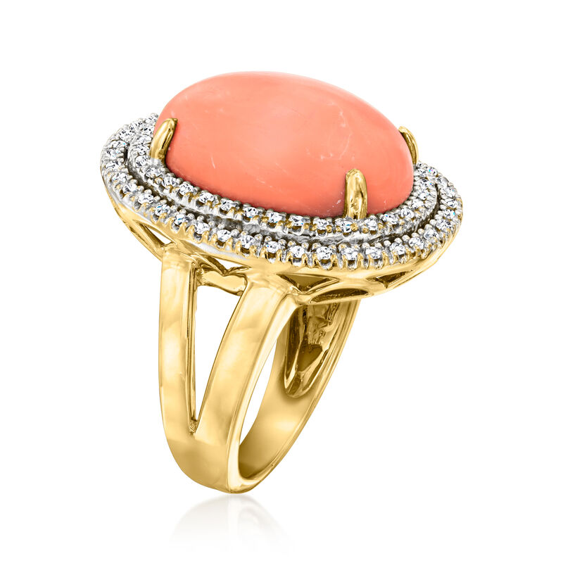 C. 1980 Vintage Coral Ring with .35 ct. t.w. Diamonds in 14kt Yellow Gold. Size 7 image number 2