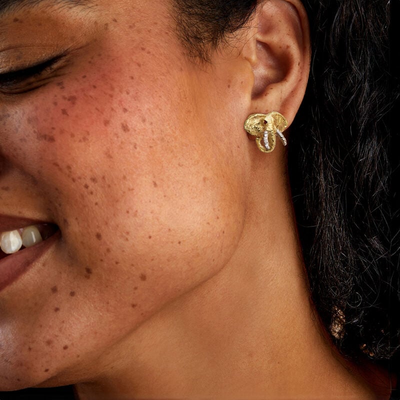 C. 1970 Vintage .20 ct. t.w. Diamond Elephant Earrings with Rubies in 18kt Yellow Gold image number 1