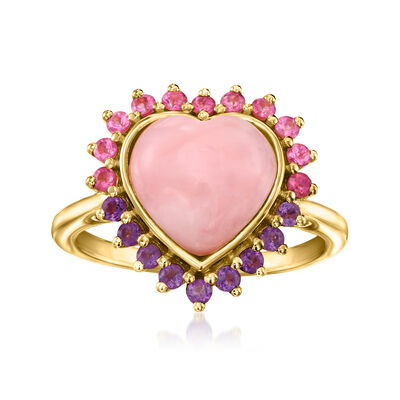 Pink Opal Heart Ring with .20 ct. t.w. Pink Tourmalines and .10 ct. t.w. Amethysts in 18kt Gold Over Sterling