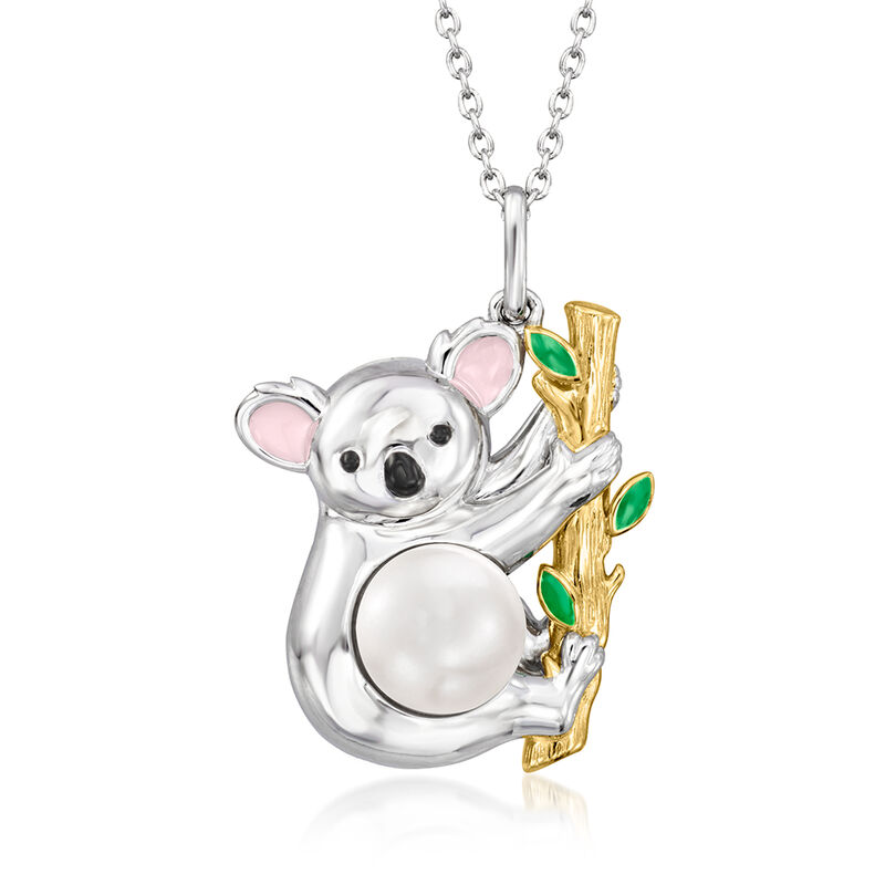 8-8.5mm Cultured Pearl Koala Pendant Necklace with Multicolored Enamel in Two-Tone Sterling Silver. 18&quot; image number 1