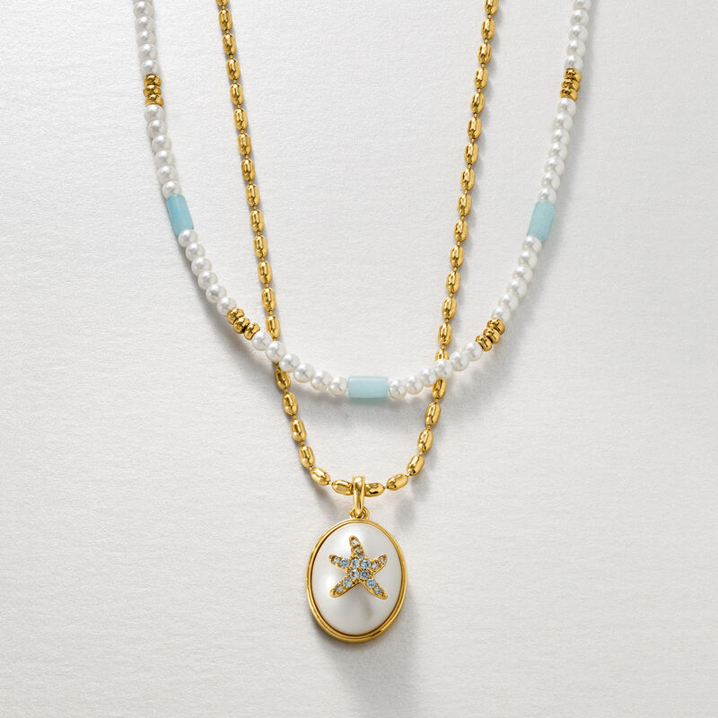 14kt Yellow Gold-Plated and Simulated Pearl/Gemstone Jewelry Set: Two Bead and Starfish Pendant Necklaces. 18" image number 2