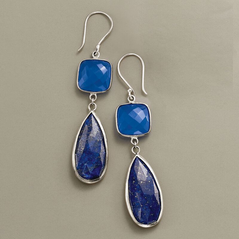 Teardrop Lapis and Cushion-Cut Blue Chalcedony Drop Earrings in Sterling Silver image number 2