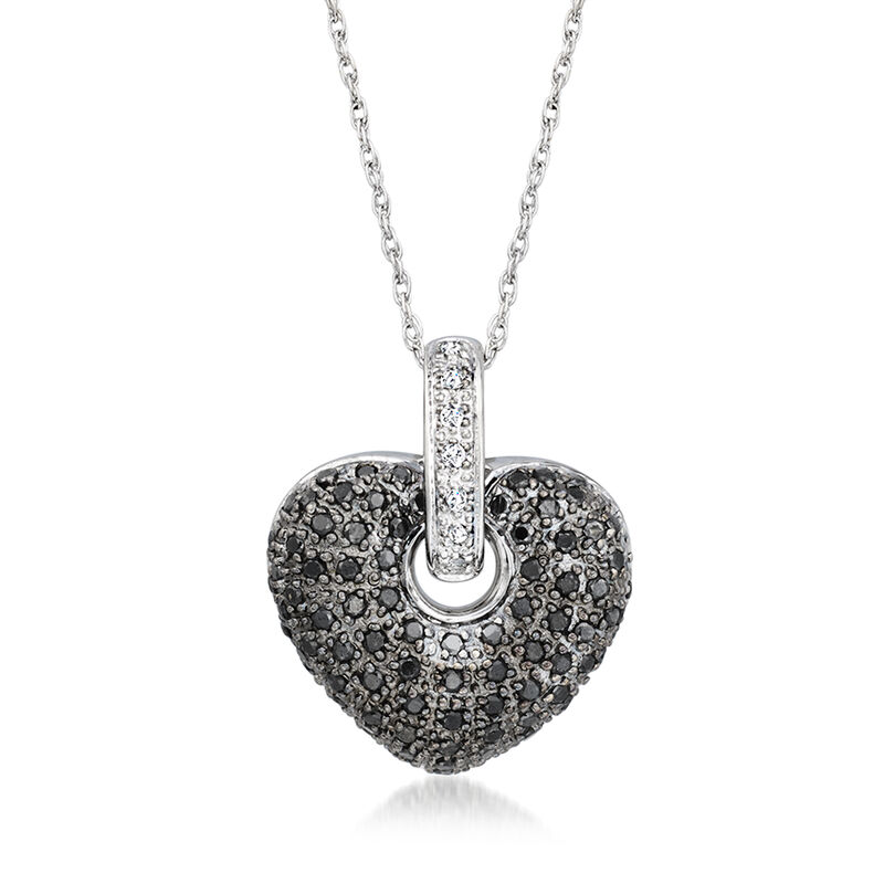 C. 1990 Vintage 1.30 ct. t.w. Black Diamond Heart Pendant Necklace with White Diamonds in 14kt White Gold. 18" image number 0