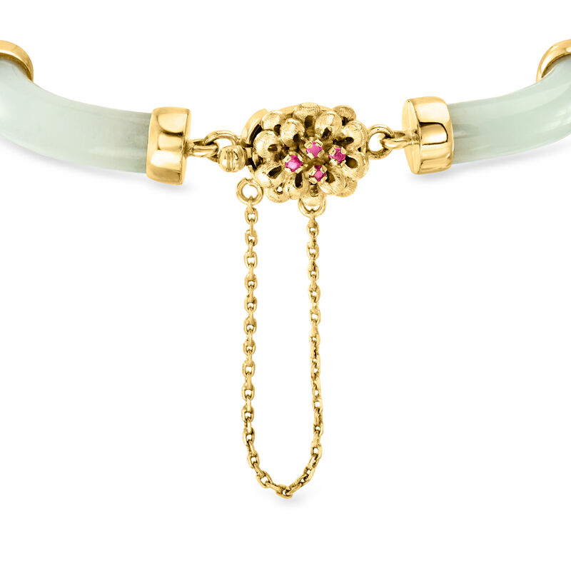 C. 1970 Vintage Gray Jade and .33 ct. t.w. Ruby Flower Bracelet in 14kt Yellow Gold image number 2