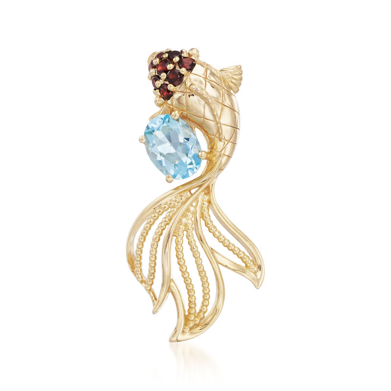 1.20 Carat Blue Topaz and .24 ct. t.w. Garnet Koi Fish Pendant in 18kt Gold Over Sterling  image number 0