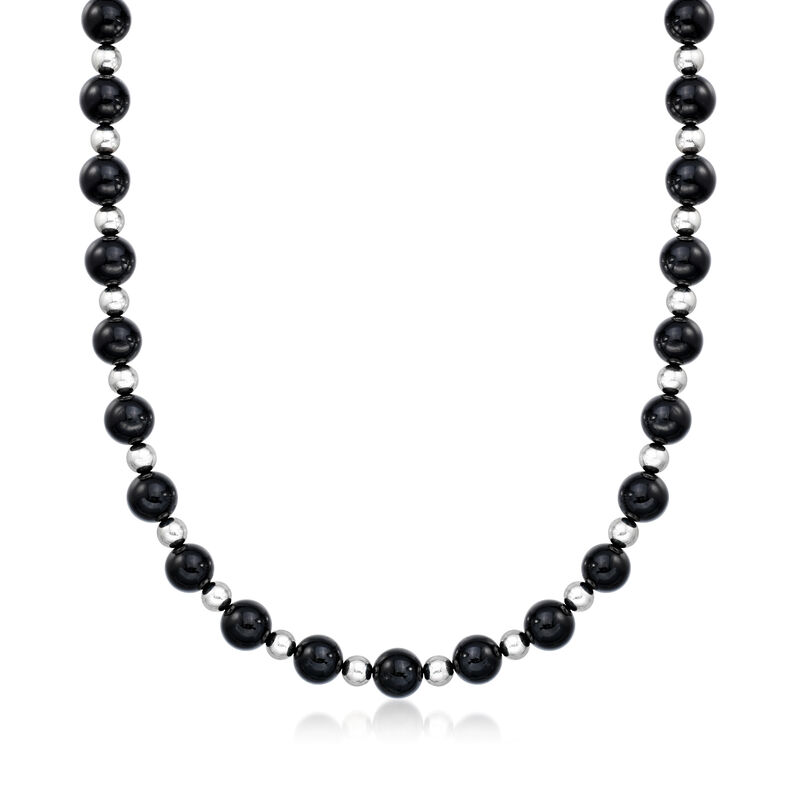 C. 1990 Vintage 9.9-10mm Onyx Bead Necklace with Sterling Silver image number 0
