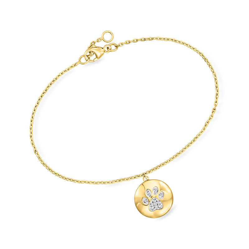 Diamond Paw Print Disc Charm Bracelet in 18kt Gold Over Sterling. 6.5&quot; image number 0