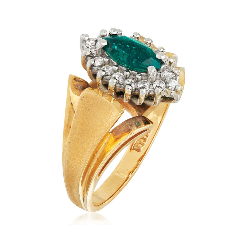 C. 1980 Vintage .35 Carat Synthetic Emerald and .25 ct. t.w. Diamond Ring in 14kt Yellow Gold image number 2