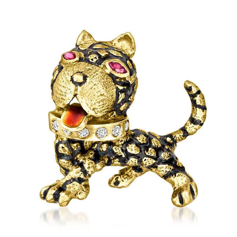 C. 1970 Vintage 18kt Yellow Gold Dog Pin with .20 ct. t.w. Rubies, Diamond Accents and Multicolored Enamel  image number 0