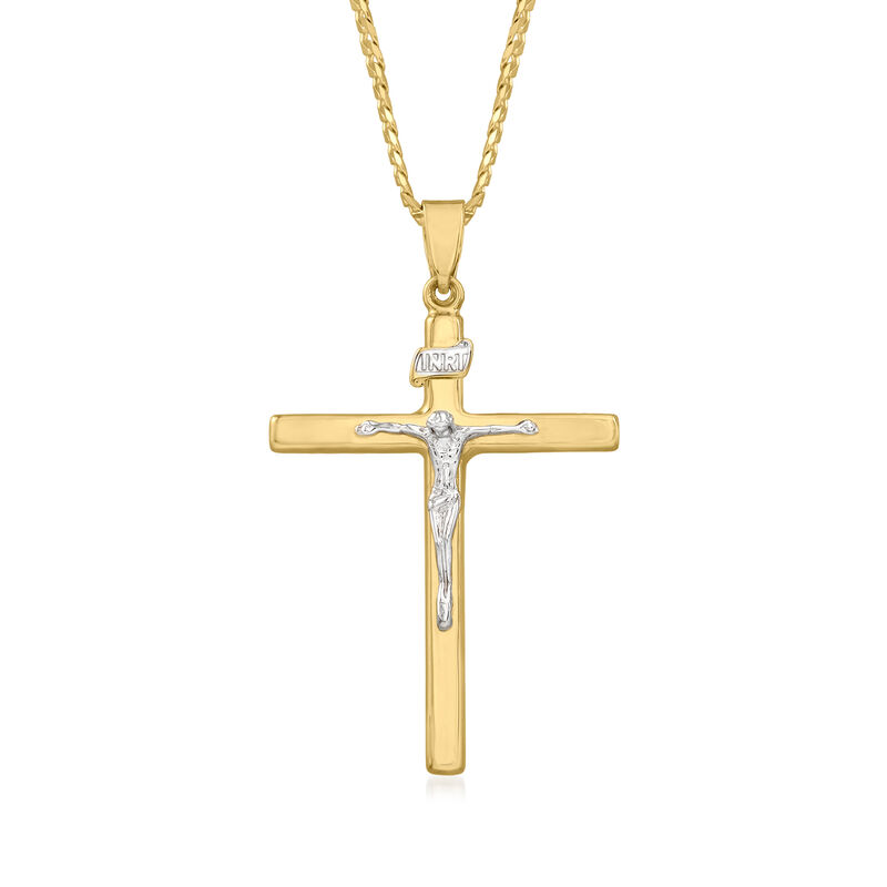 Men's 14kt Two-Tone Gold Curb-Link Crucifix Pendant Necklace. 24&quot; image number 0