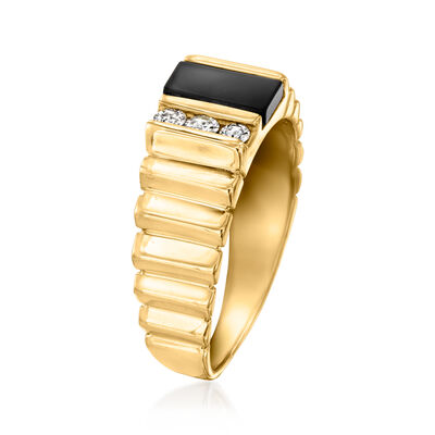 C. 1980 Vintage Men's Onyx and .20 ct. t.w. Diamond Ring in 14kt Yellow Gold