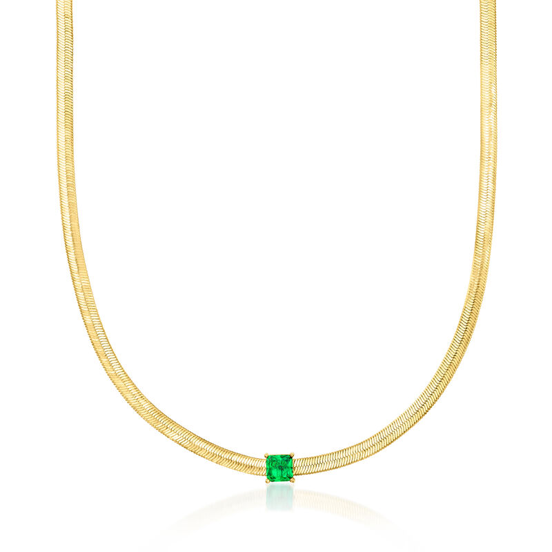 14kt Yellow Gold-Plated Herringbone Necklace with Simulated Green Gemstone. 18" image number 1