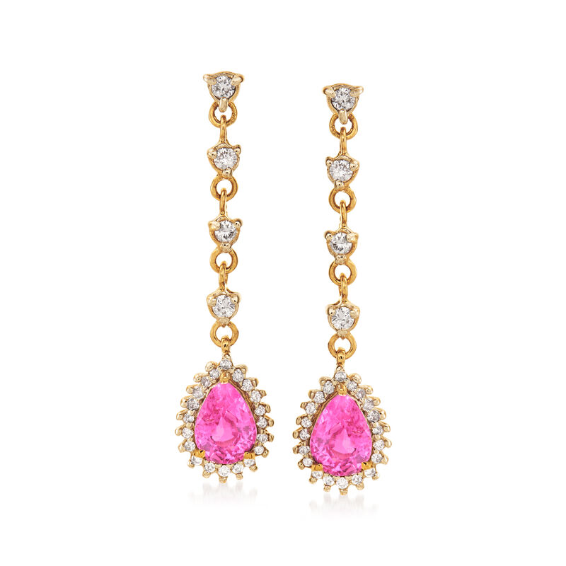 1.70 ct. t.w. Pink Sapphire and .48 ct. t.w. Diamond Drop Earrings in 14kt Yellow Gold image number 0